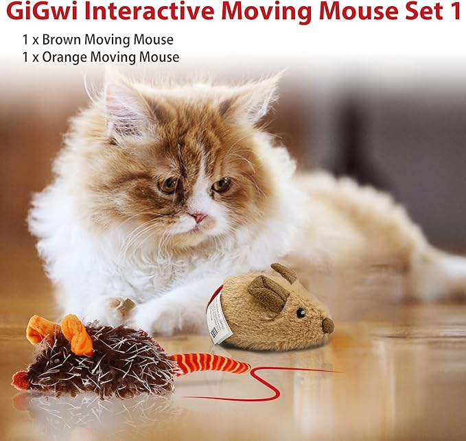 Gigwi Interactive Cat Toys Pack, Automatic Moving Mouse Electronic Cat Toys for Indoor Cats, Mouse Hunt Cat Toy for Kitten, 2 Pack (Brown & Orange Colors)