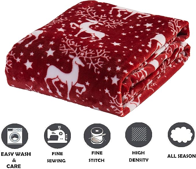 Elegant Comfort Luxury Velvet Super Soft Christmas Prints Fleece Blanket-Holiday Theme Home Décor Fuzzy Warm and Cozy Throws for Winter Bedding, Couch and Gift, 50 x 60 inch, Red Reindeer