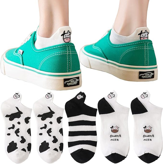 5 Pairs Cute Cow Embroidery Cotton Socks for Women - Black White Short Casual Ankle Socks