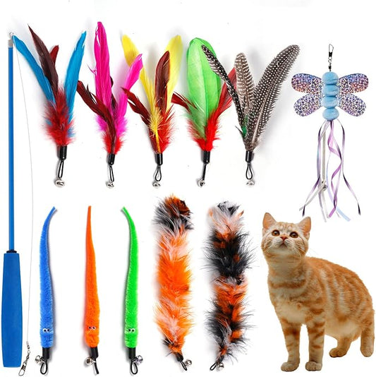 Cat Toys for Indoor Cats, 1PCS Retractable Cat Fishing Rod Toy and 11PCS Cat Feather Toys Teaser Refills, Interactive Cat Toy Wand Kitten Toys to Play Chase Exercise
