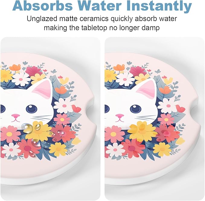 2 Pack Car Cup Holder Coasters, 2.63 inch Anti Slip Insert Absorbent Ceramic Coasters with Cork Base and Finger Notch, Cute Car Accessories Interior for Women