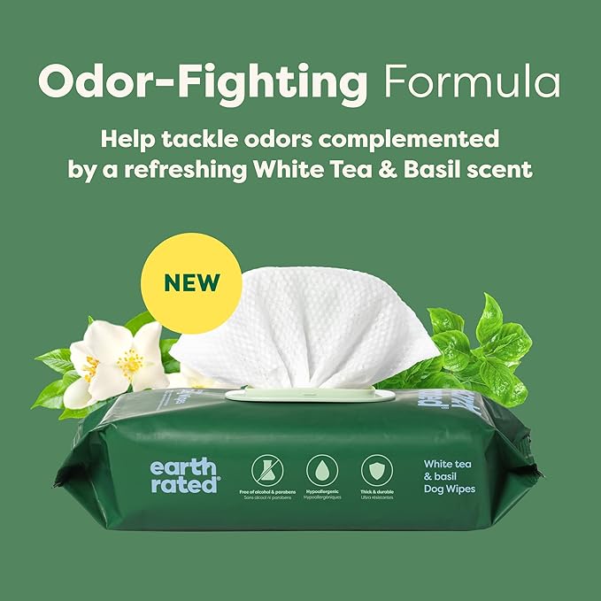 Earth Rated 3-in-1 Pet Grooming Wipes, Cleaning, Deodorizing & Hydrating for Paws, Body, and Butt, Perfect for Dogs & Cats, White Tea and Basil Scent, 400 Count