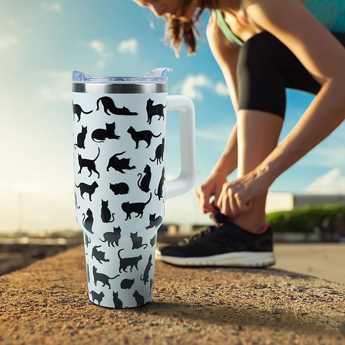 40 oz Tumbler with Handle and Straw, Stainless Steel Insulated Cup with Leak Proof Lid and Straw Lid, Keep Drinks Cold and Hot for Hours(Cat)