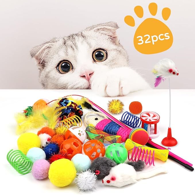 Cat Toys Kitten Toys Assortments, 32 Packs Interactive Cat Toy Variety Pack for Kitty, Cat Wand Toy, Cat Crinkle Balls Bell Balls with Bells, Cat Spring Toy, Catnip Toys for Indoor Cats Kitten