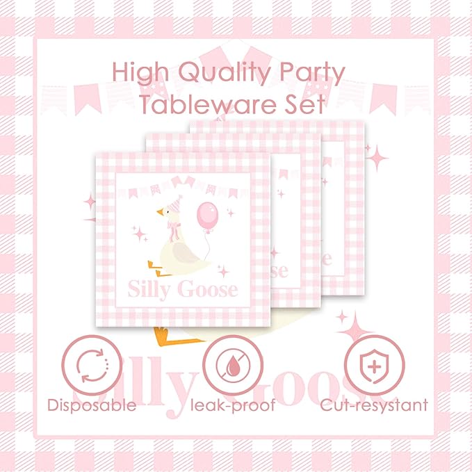 48Pcs One Silly Goose Birthday Decor Girl, Pink Silly Goose Birthday Baby Shower Party Decorations with Forks Paper Plates and Napkins Set Supplies