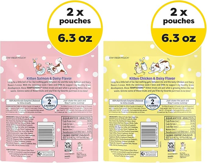 Temptations Kitten Crunchy and Soft Treats Chicken and Dairy Flavor and Salmon and Dairy Crunchy, 6.3 oz., Variety Pack of 4