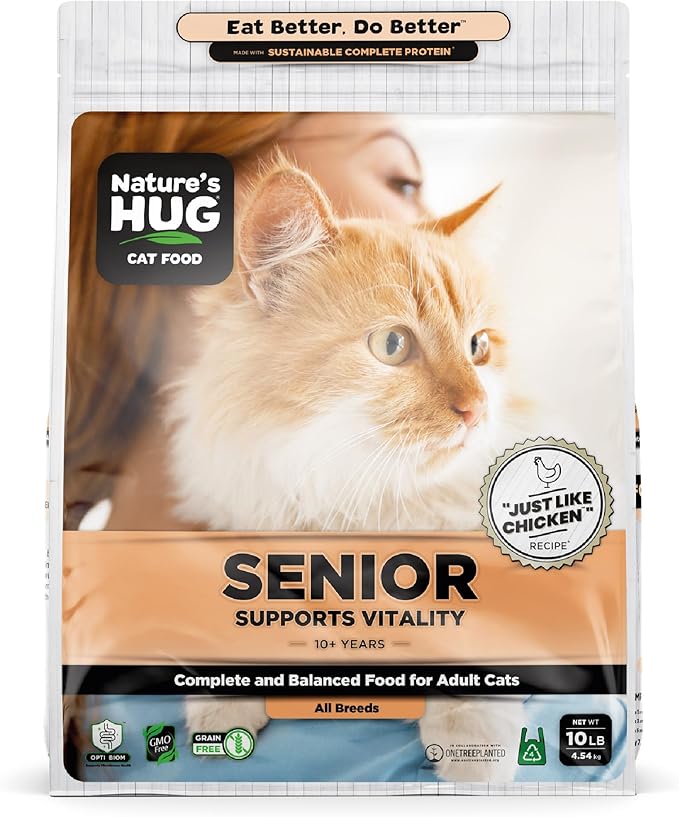 Nature's HUG Dry Cat Food, for Senior-All Breeds, 10 lb. Bag, Just Like Chicken Recipe, Grain Free & Hypoallergenic, Supports Microbiome Health, Sustainable Complete Protein & Balanced Nutrition