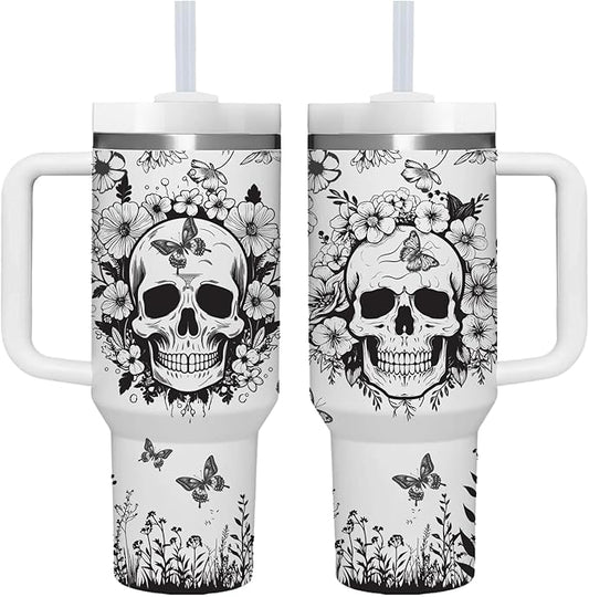 AMZUShome 40 OZ Goth Skull Tumbler with Handle.Skull Lover Tumblers Gift.Unique Birthday Christmas Halloween Goth Skull Cup Gifts.40 OZ skull Tumbler Gifts for Women.