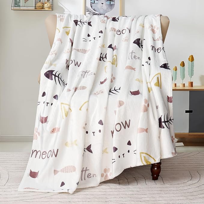 Cat Blanket Cute Pet Kitten Print Blankets Cats Lovers Throw Blanket Cat with Fish Plush Throws Blanket Ultra Soft Flannel Fleece Throw Blanket for Couch Sofa Bed 60 X 80 inch