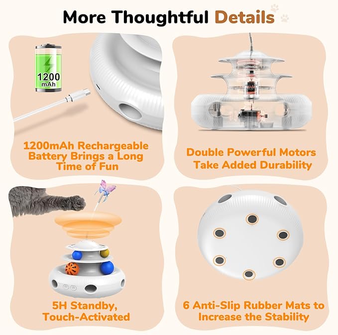 Cat Toys, 4-in-1 Rechargeable Automatic Interactive Cat Toy with Fluttering Butterfly, Random Moving Ambush Feather, Two-Tier Track Balls, 5H Smart Standby, Touch-Activated (White)