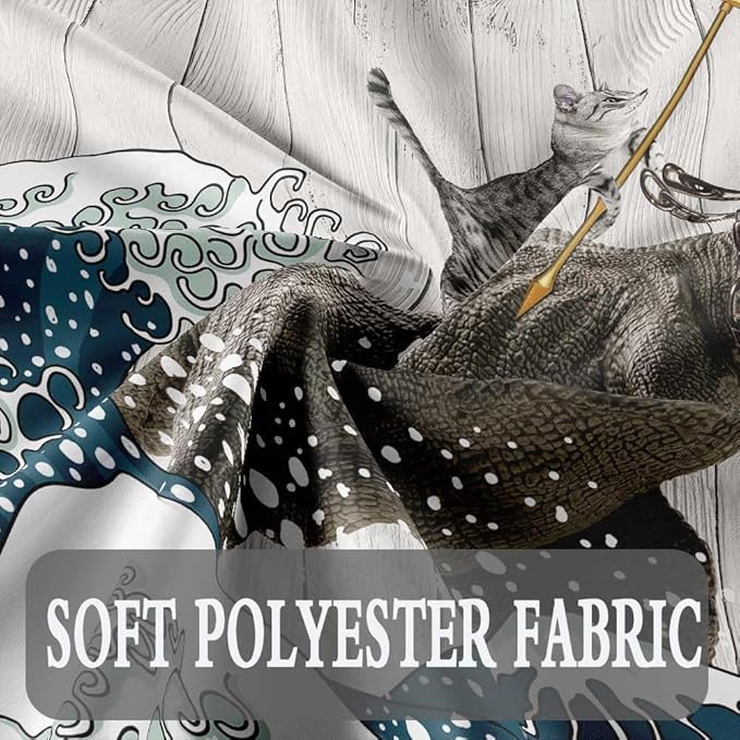 Boziqr Funny Cat Shower Stall Curtain, Cool Cat Dinosaur Japanese Ocean Wave Decor Fabric Bathroom Curtains, Kids Children Rustic Wooden Farmhouse Shower Curtain, 60 X 70 Inches