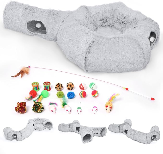 Odoland Cat Tunnels for Indoor Kitten Fluffy Cat Bed and Cat Cave Tunnels with 20 Cat Toys, Kittens Donut Tunnel and Variety Kitten Toy Set for Kitten/Puppy/Rabbit