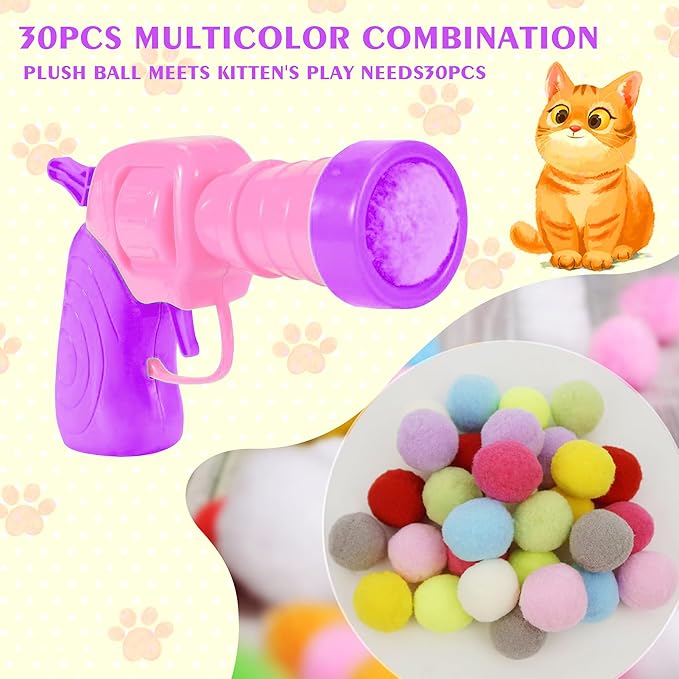 Mewlmart Cat Toys Interactive for Indoor Cats Kitty Toys Cat Toys for Indoor Cats Pom Pom Balls Cat Ball Toy Plush Ball Launcher for Cats Puff Balls Cat Enrichment Toys 30 Balls