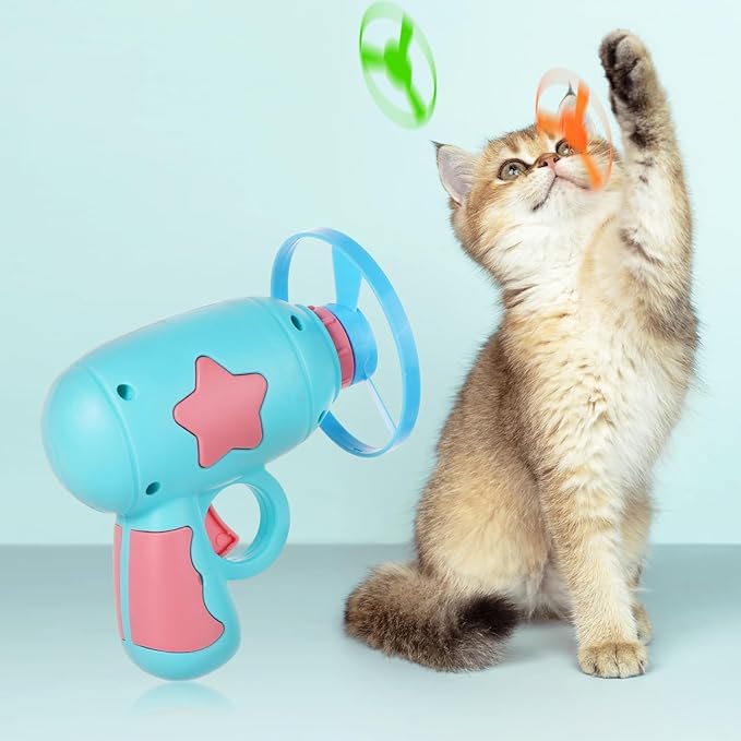 AIEX Flying Disc Launcher Cat Toy Launcher with 6pcs Flying Discs 2pcs Luminous Spinning Tops, Helicopter Cat Fetch Toy Dog/Cat Interactive Toys for Training, Chasing, Playing