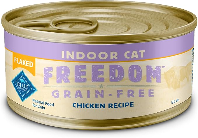 Blue Buffalo Freedom Grain-Free Adult Wet Cat Food, Complete & Balanced Nutrition for Indoor Cats, Made with Natural Ingredients, Flaked Chicken Recipe, 5.5-oz Cans,(24 Count)