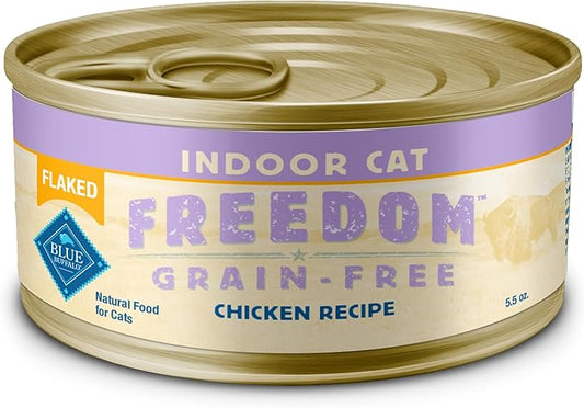 Blue Buffalo Freedom Grain-Free Adult Wet Cat Food, Complete & Balanced Nutrition for Indoor Cats, Made with Natural Ingredients, Flaked Chicken Recipe, 5.5-oz Cans,(24 Count)