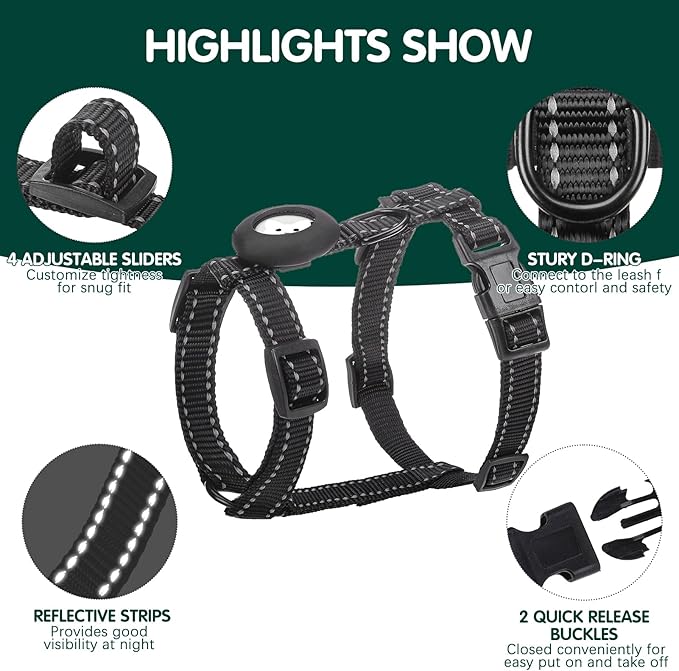 BINGPET Cat Harness and Leash Set Escape Proof for Walking,Adjustable Kitten Harness with Airtag Holder for Small Medium Large Cats,Easy Control Soft Harness with Reflective Stripes(Black Reflective)