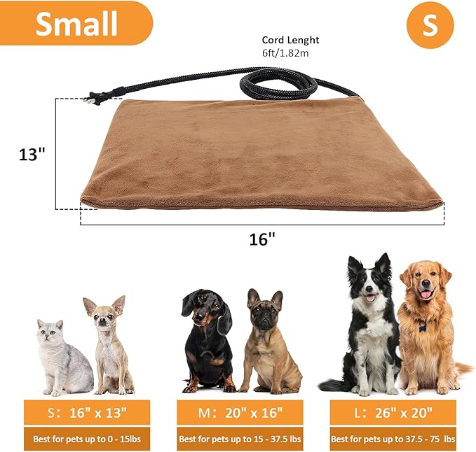 Pet Heating Pad, Electric Heated Pad for Dog Cat, Warm Mat Waterproof Dogs Cats Beds with Constant Temperature,Chew Resistant Cord, Comfortable Heater Heater Blanket Puppy and Kitten (S:16'' x 13'')