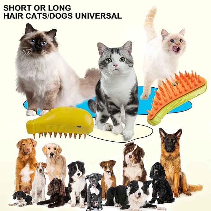3in1 Cat Steam Brush,Multifunctional Rechargeable Cute Steamy Pet Brush for Short Or Long Hair Cats/Dogs To Massage/Clean/Eliminate Flying&Tangled Hair With USB Cable-Green Banana