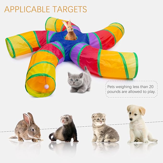 EGETOTA Cat Tunnel for Indoor Cats Large, with Play Ball S-Shape 5 Way Collapsible Interactive Peek Hole Pet Tube Toys, Puppy, Kitty, Kitten, Rabbit (Multicolor)