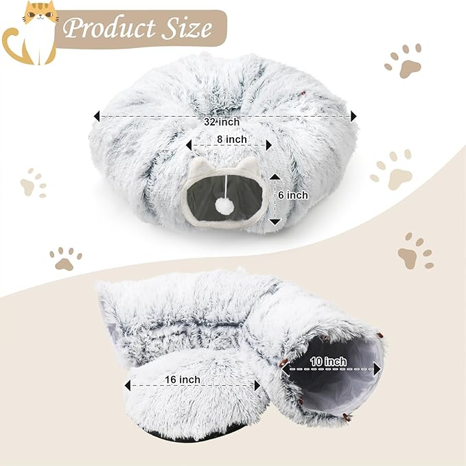Cat Tunnel Bed for Indoor Cats, Soft Cute Cat Donut Tunnel with Washable Circle Cushion, Under Christmas Tree Plush Peekaboo Cat Cave, Round Pet Play Tunnel Toy for Kitten/Rabbit/Puppy