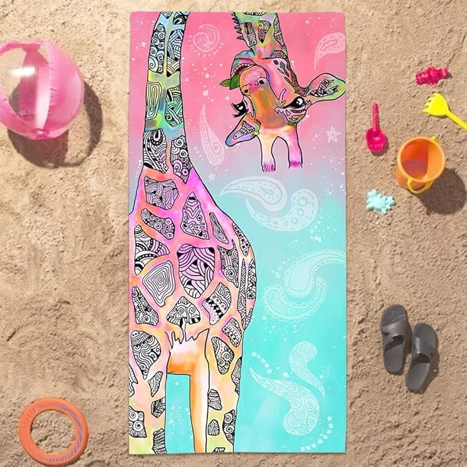 Bonsai Tree Giraffe Beach Towel, Cute Funny Teal Pink Mandala Giraffe Microfiber Bath Towel Gifts for Kids Women, Colorful Abstract Trippy Sand Free Quick Dry Travel Towels for Yoga Sports 30" x 60"