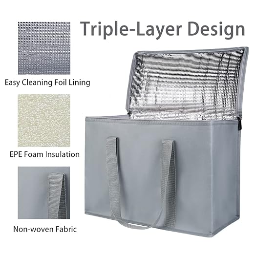 Bodaon 3-Pack Insulated Reusable Grocery Shopping Bag, X-Large Frozen Food Cold, Cooler Bags with Zippered Top, Insulated Food/Pizza Delivery Bag, Gray