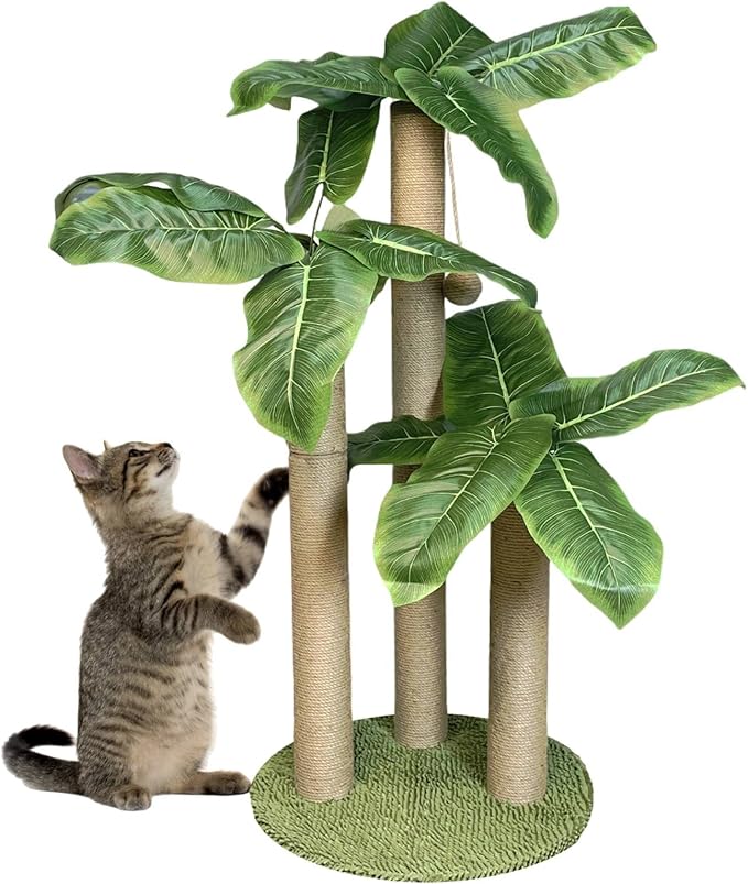 Fhiny 35.4"Tall Cat Scratching Post, Cat Scratcher with 3 Scratching Poles for Adult Kitten Scratching Tree Hanging Ball Toy Cute Canna Vertical Kitty Activity Center for Indoor Large Cat Kitty Rabbit
