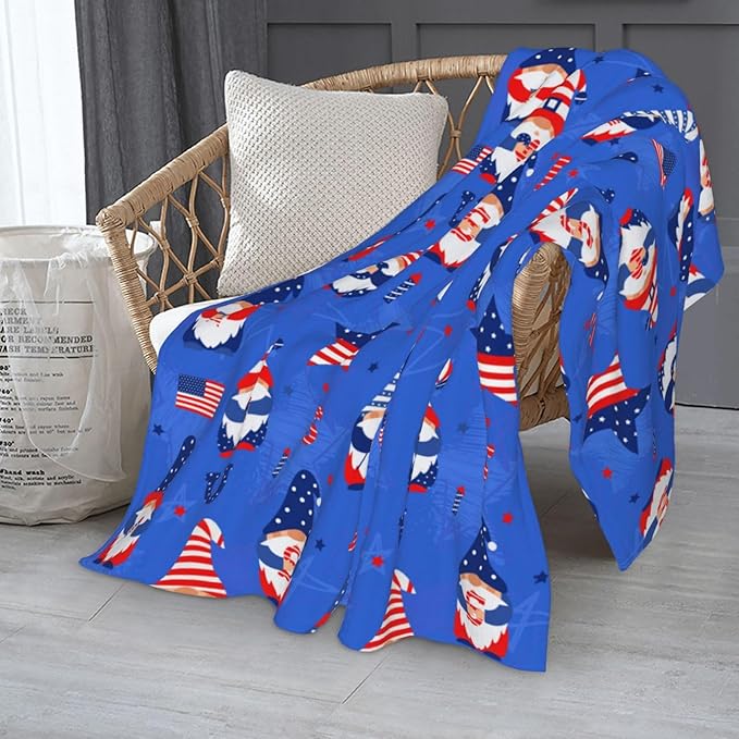 American Gnome Patriotic Blanket Throw 50"x40", Plush Flannel 4th of July Memorial Day Blanket, Soft Warm Decorative for Kids Women