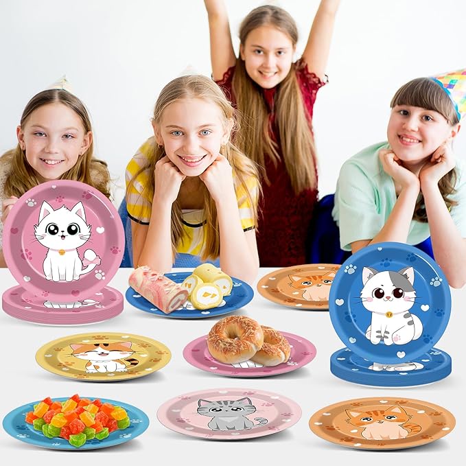 48Pcs 7" Cat Theme Party Paper Plates Kitten Dessert Birthday Supplies Kids Girls Birthday Dinner Table Decorations Cat Paw Disposable Dinnerware Plates for Baby Shower Party Favors
