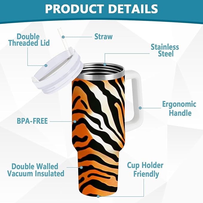 Boccsty Tiger Skin Texture Tiger Insulated Tumblers Black Orange Stripe Reusable Stainless Steel Tumbler 30 oz Cup Coffee Travel Mug Water Bottle with Handle & Flip Straw for Home Office Car