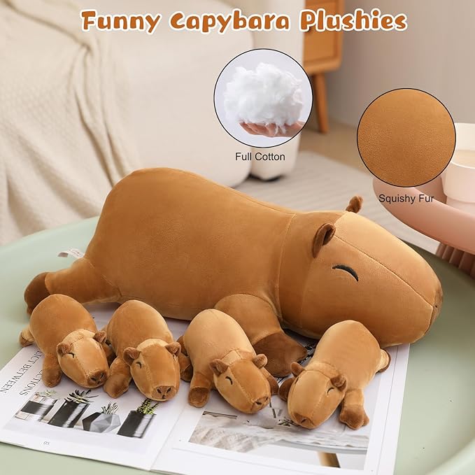 Capybara Plush Cute Capybara Stuffed Animal Pillow with 4 Baby Plushies in Her Tummy, Soft Cotton Stuffed Animals Toy Gifts for Kids