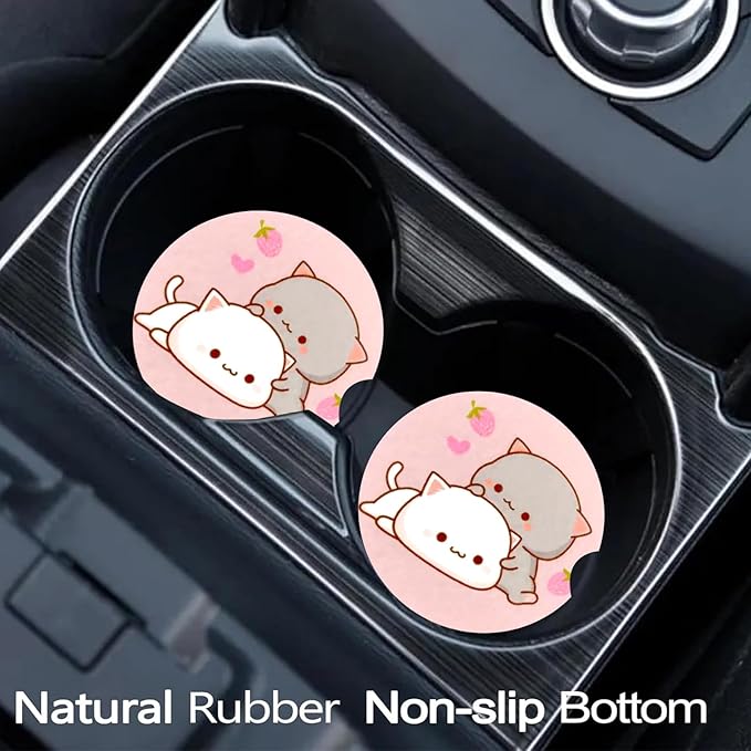 Car Coasters for Cup Holders,2 Pack Cat Car Cup Holder Coasters,2.75" Universal Size Anti Slip Rubber Mat,Automotive Cup Holder Decal Decor Accessories,Gifts for Cat Lovers Women,Men,Mom
