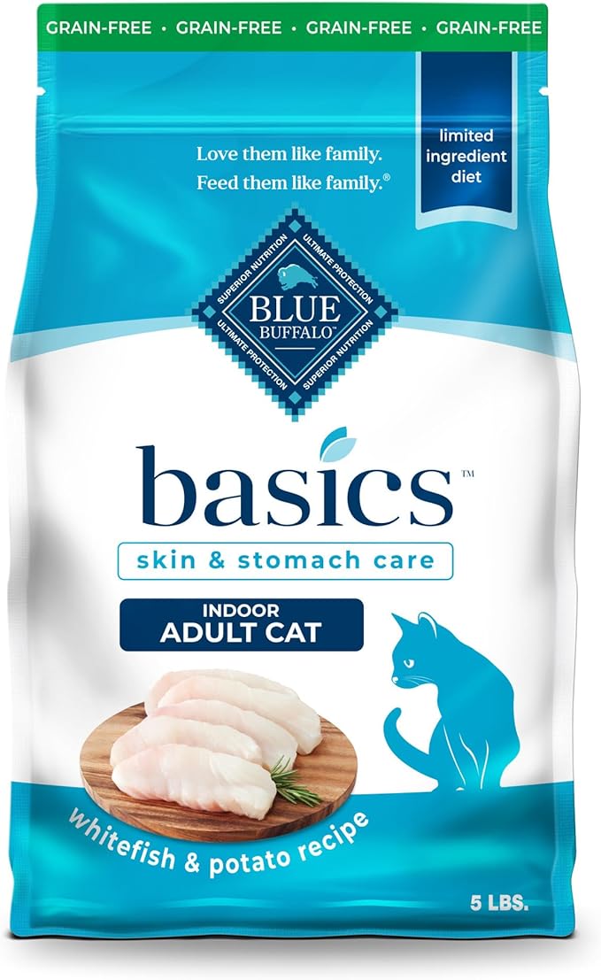 Blue Buffalo Basics Grain-Free Dry Cat Food, Skin & Stomach Care, Limited Ingredient Diet for Indoor Cats, Whitefish & Potato Recipe, 5-lb. Bag
