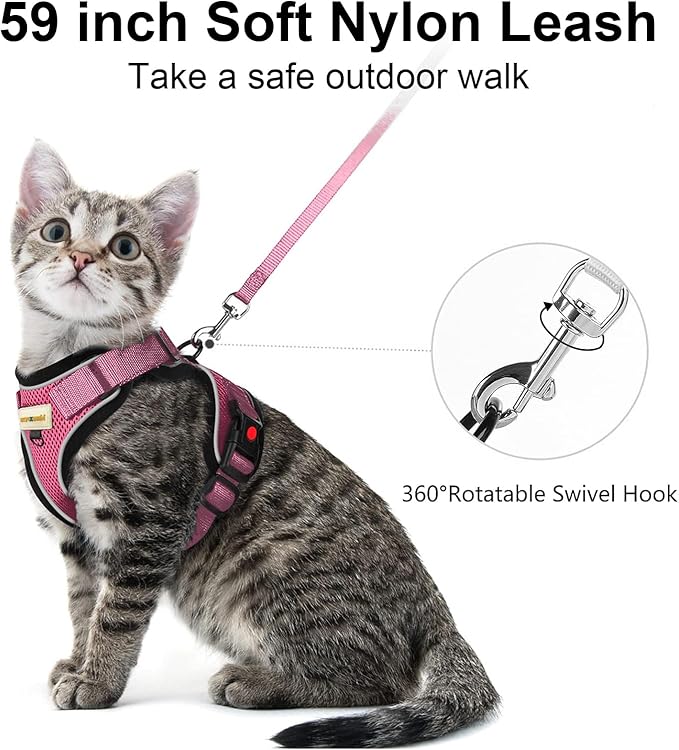 Cat Harness and Leash for Walking, Retractable Cat Harnesses and Leash Set Escape Proof, Breathable Soft Kitten Harness Small Large Cat Harness for Travel Training and Walking, Pink, S