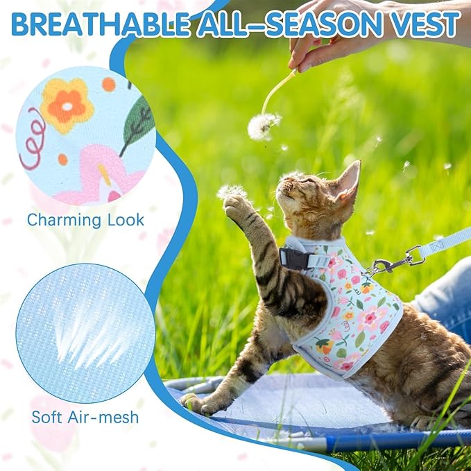 BINGPET Cat Harness and Leash Set Escape Proof for Walking,Step-in Harness with Lightweight Soft Breathable Mesh,Adjustable Easy Control Harness for Kitten Puppy Small Medium Large Cats(Flower,M)