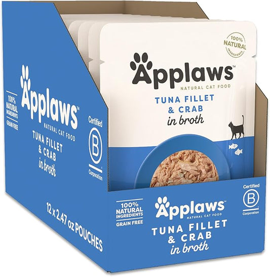Applaws Natural Wet Cat Food in Broth, Limited Ingredient Wet Cat Food Pouches, No Additives, Made with Natural Ingredients, Tuna with Crab in Broth (12 x 2.47oz Pouches)