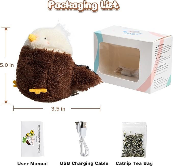 Cat Toys Intelligent Flapping Eaglet, Interactive Cat Toys for Indoor Cats Chase Exercise, Suitable for Cat Teaser Stick, Vivid Chirping, 3 Modes, Rechargeable
