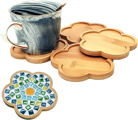 4PCS Mosaic Bamboo Coasters for Crafts, Blank Base Trays, Drinking Cup Coaster, Plant Coaster, Art Plate,DIY Mosaic Supplies (Flower)