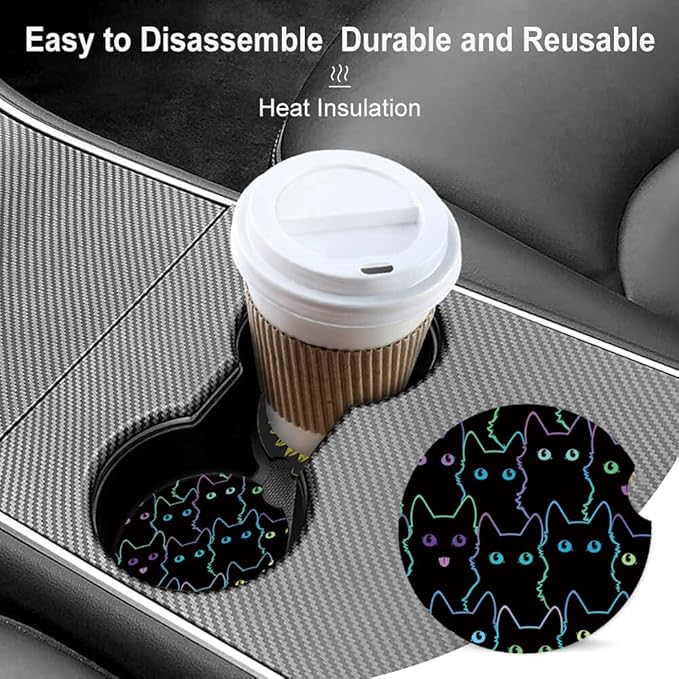Absorbent Car Cupholder Coaster 2 Pack, Cute Car Coasters with a Finger Notch for Women & Men,2.56" Ceramic Stone & Non-Scratch Cork Base Drink Coasters, Cute Auto Accessories Gifts (Cute Cats)