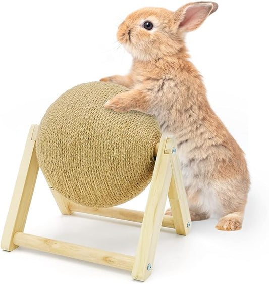 Fhiny Bunny Scratch Toy, Natural Solid Wood Sisal Scratching Ball for Indoor Kittens, Claws Scratching Ball for Kitten Bunny Guinea Pig Chinchilla Ferret or Other Small Animals (Medium)