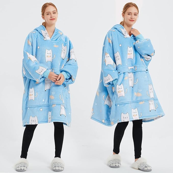 KFUBUO Wearable Blanket Hoodie for Adults Sherpa All Patterns Blue Cat Oversized Sweatshirt Blanket with Pockets Cute Gifts for Women