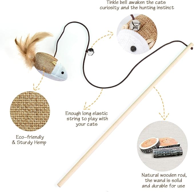 Wood Handle Teathered & Feathered Play Wand Cat Toy (Small Chick) for All Breed Sizes