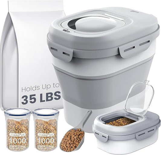 30-35 Lbs Dog Food Storage Container Collapsible Dog Food Container with Airtight Lids, Wheels, Scoop and 2pcs Food Storage Containers, Large Pet food storage for Dog, Cat