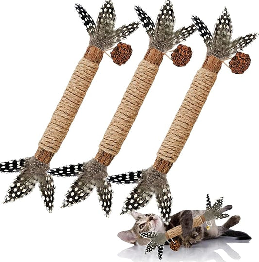 Cat Toys,3 Pack Silvervine Cat Feather Toy Kitten Chew Stick Catnip Treat with Bell for Cleaning Teeth Indoor Kitty Teaser Wand Molar Snack Interactive Pet Rabbit Bunny Hamster