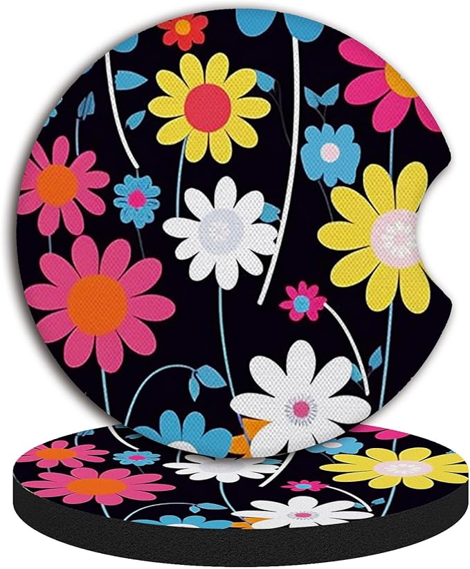 2pcs Colorful Flowers Car Cup Holder Coasters,Universal Non Slip Car Accessories,Cute Car Coasters with Finger Notch,Car Decoration Gifts, Accessory for Women&Men