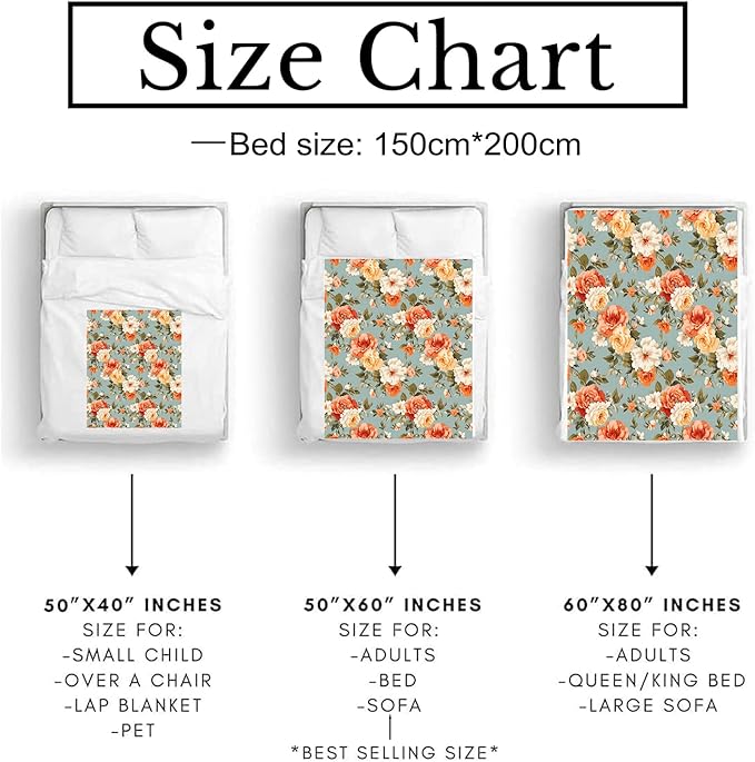 Beautiful Floral Blanket - Ultra Soft & Cozy Flannel Throw Blankets with Flowers, Warm, Lightweight & Fuzzy - Perfect for Bed, Couch, Travel & Outdoor Use - for Men Women Adults 80"×60"