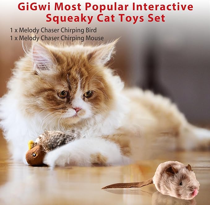 Gigwi Automatic Cat Toys Pack, Interactive Cat Toys Electronic Squeaky Animals Bird and Mouse, Plush Toys for Cats to Play Alone, Play and Squeak Cat Toys for Indoor Cats Boredom, 2 Pcs