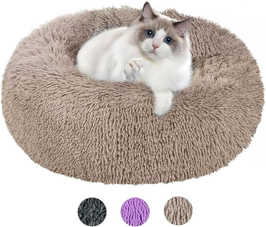 Round Dog Bed for Small Dogs, Donut Cuddler Plush Cat Calming Bed with Machine Washable, Non-Slip Fluffy Dog & Cat Calming Cushion Bed for Joint-Relief and Sleep Improvement, S Size, Khaki