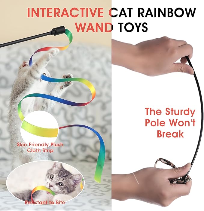 Amaxiu Cat Wand Toy Set, Interactive Cat Wand Toy with Rainbow Ribbon String, Rainbow Cloth String, Leopard Print Cloth String for Small Cats Kittens Indoor Training Catcher (3 Packs)